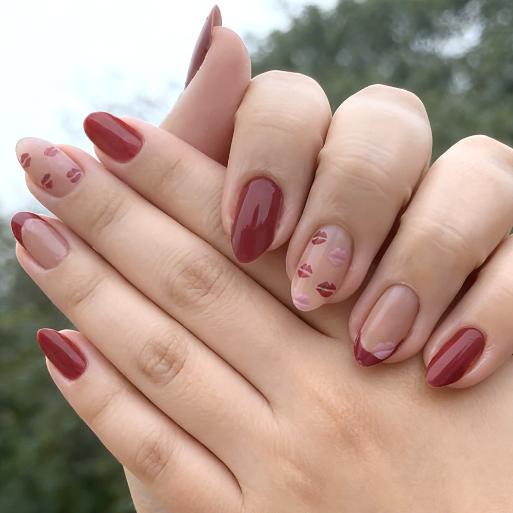 Romantic Kiss Inspired Medium Almond Red and Beige Press on Nail Set with Sweet Lip Design