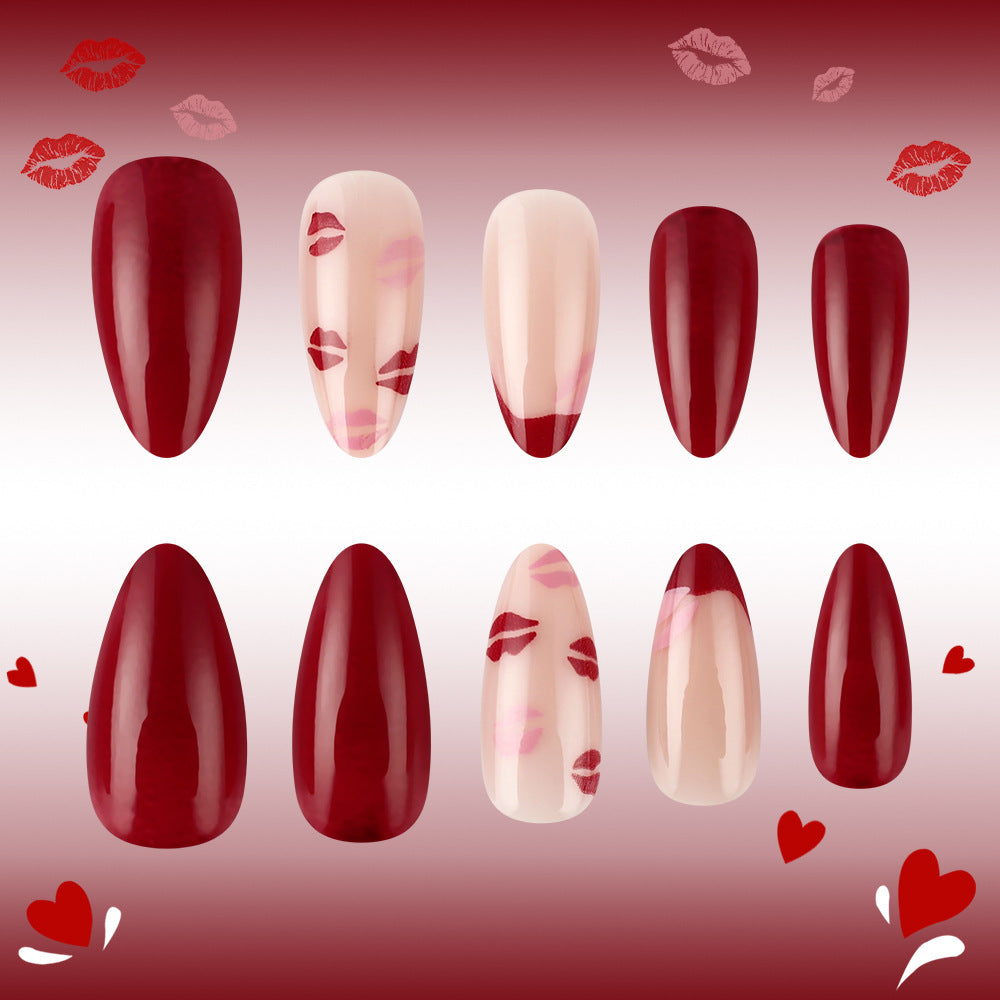 Romantic Kiss Inspired Long Almond Shaped Deep Red with Charming Lip Print Press On Nail Set