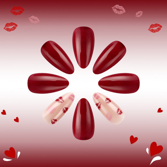Romantic Kiss Inspired Long Almond Shaped Deep Red Nail Set with Heart Print Design