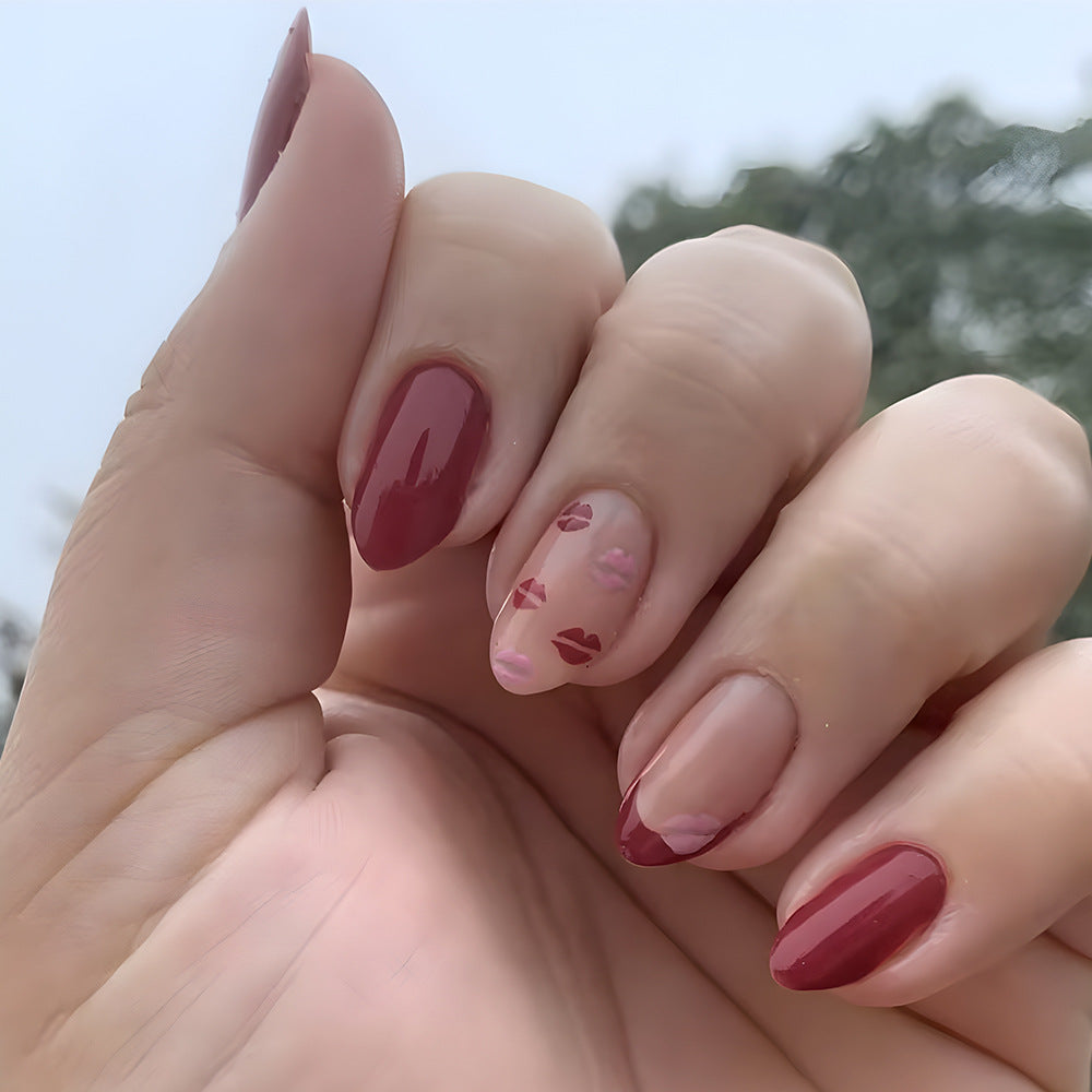 Romantic Kiss Inspired Short Almond Burgundy and Beige Nail Set with Sweet Lip Print Accent