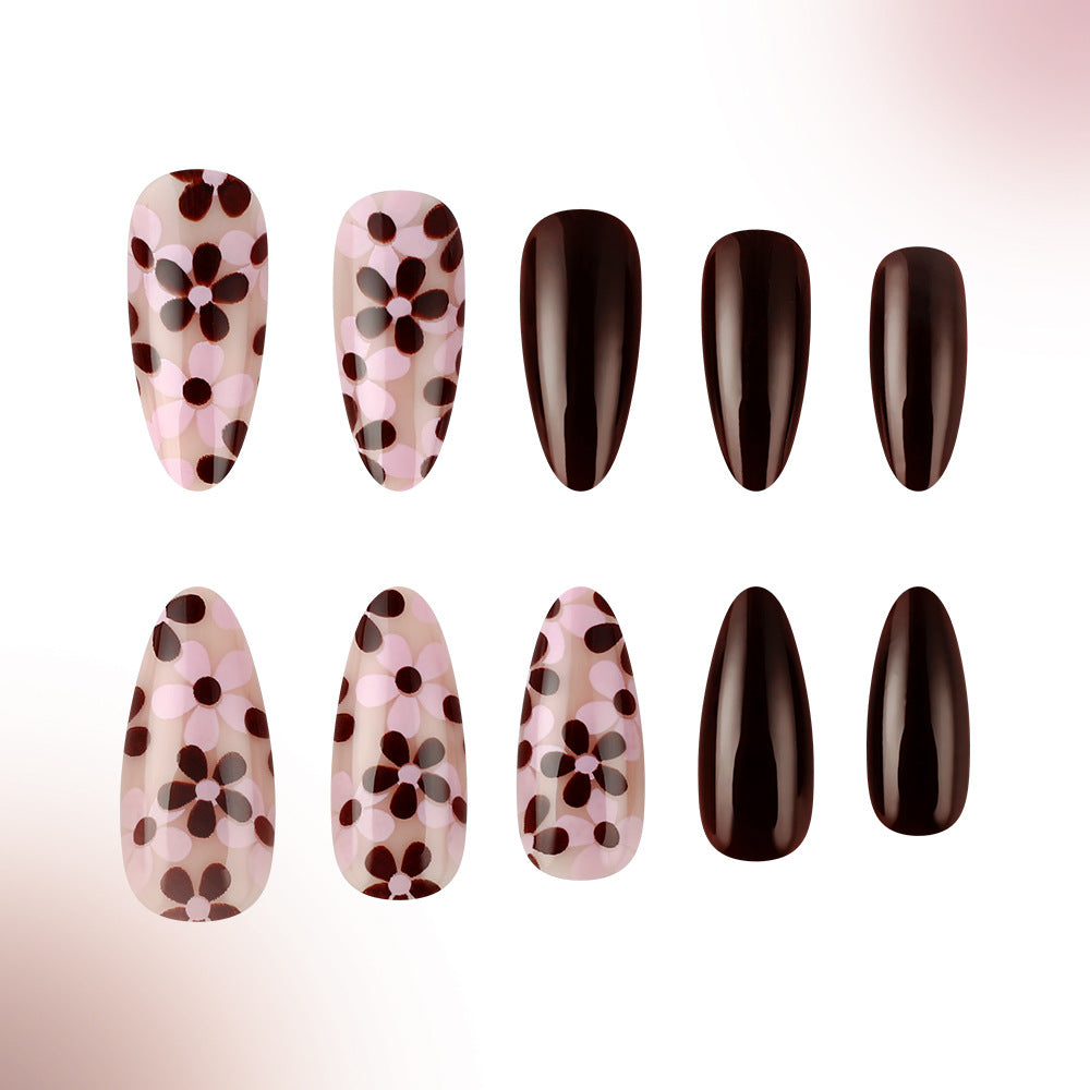 Whimsical Floral Delight Short Almond Pink and Brown Ombre Press-On Nail Set with Unique Artistic Design