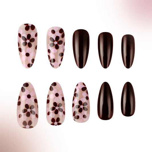 Whimsical Floral Delight Short Almond Pink and Brown Ombre Press-On Nail Set with Unique Artistic Design