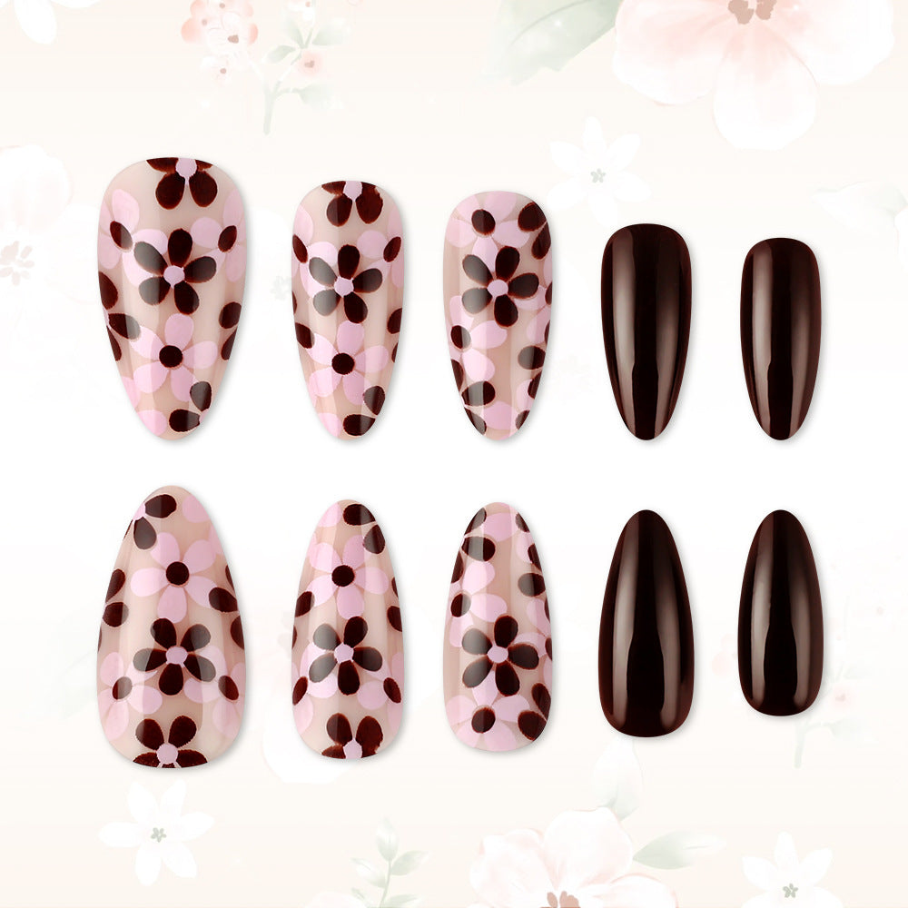 Floral Elegance Long Almond Pink and Brown Floral Design Press On Nail Set