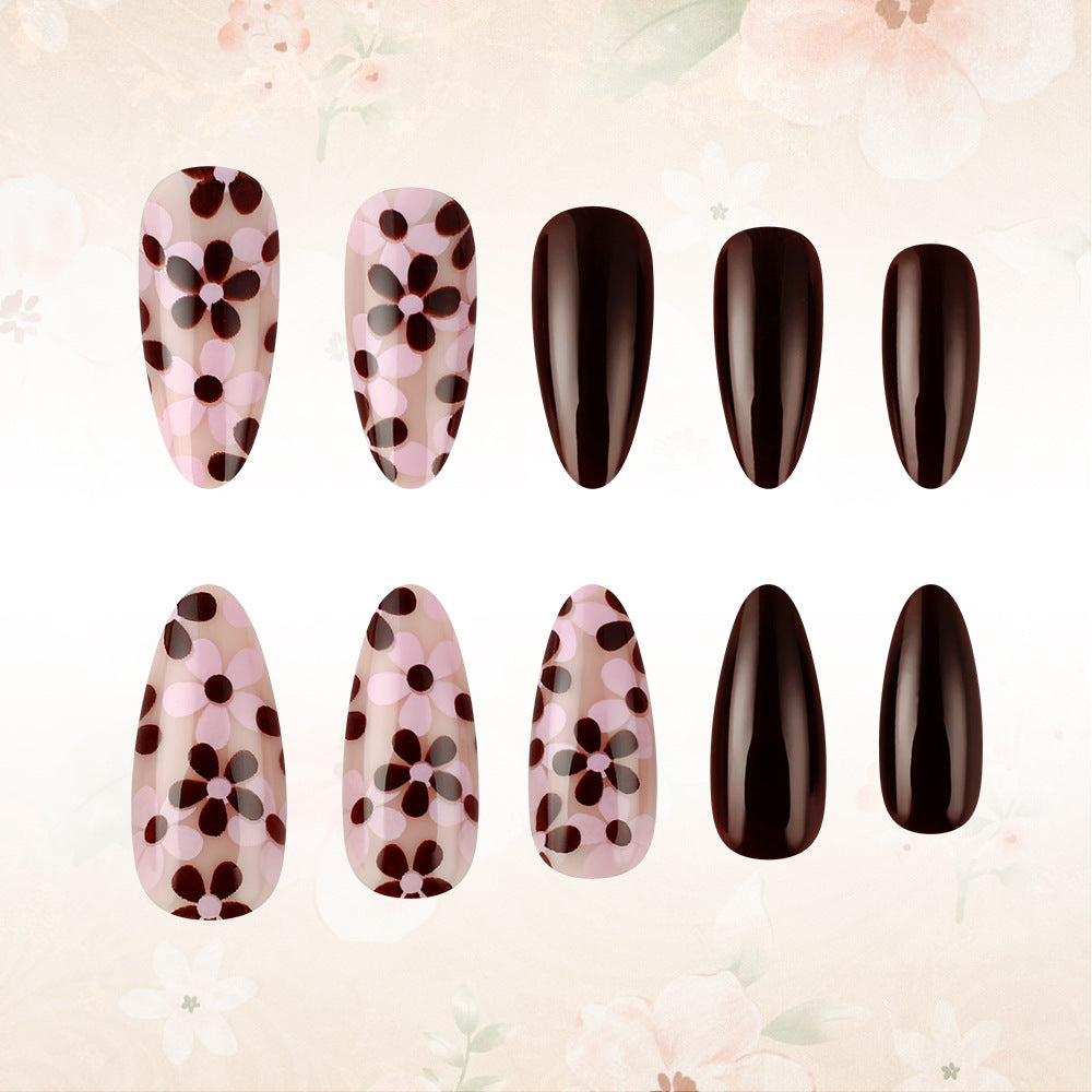 Blossom Elegance Long Almond Pink and Brown Floral Pattern Press On Nail Set