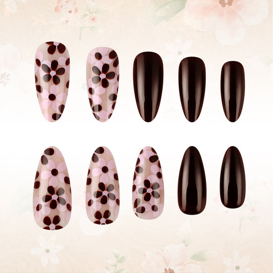 Blossom Elegance Long Almond Pink and Brown Floral Pattern Press On Nail Set