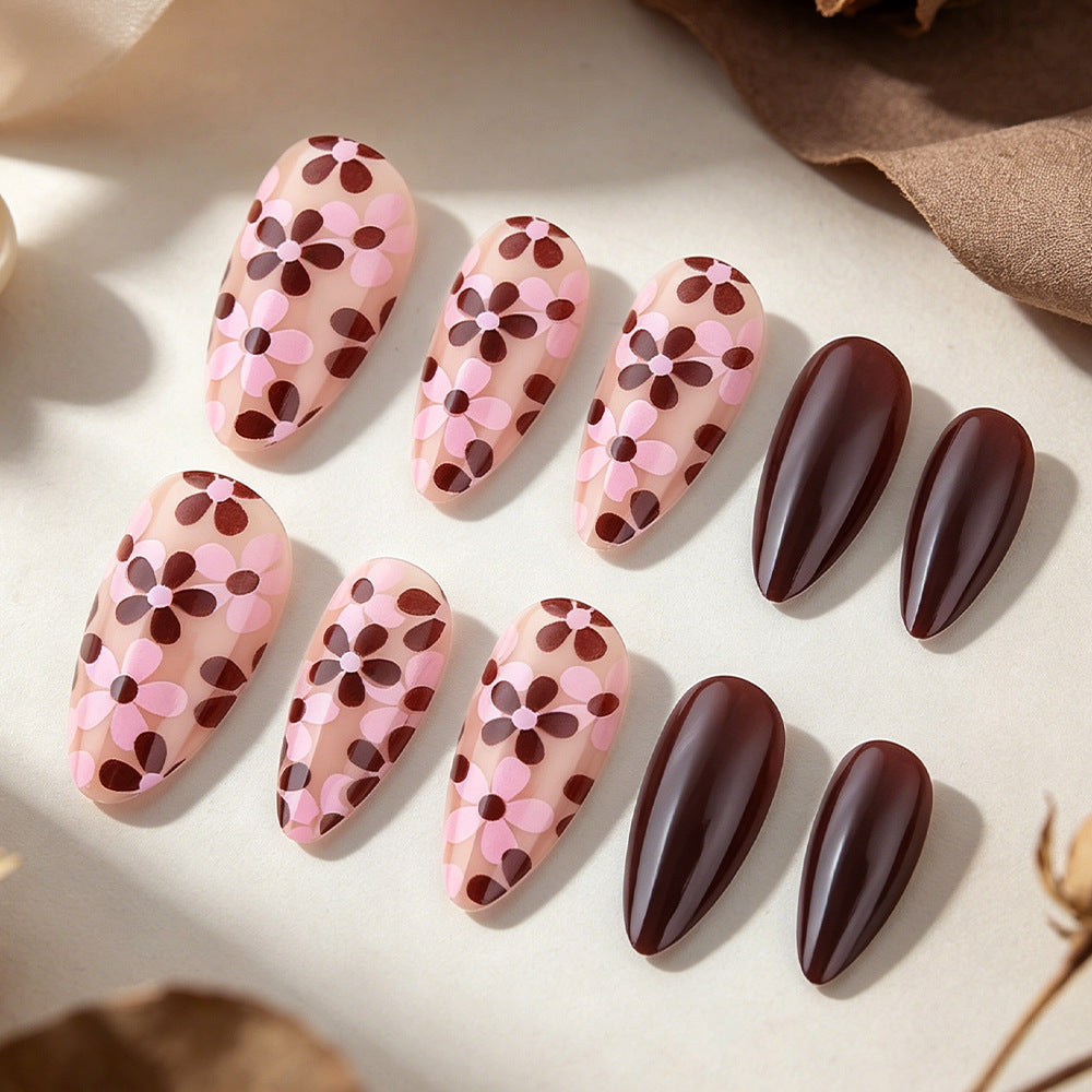 Floral Delight Medium Almond Pink and Brown Flower Press On Nail Set with Glossy Finish