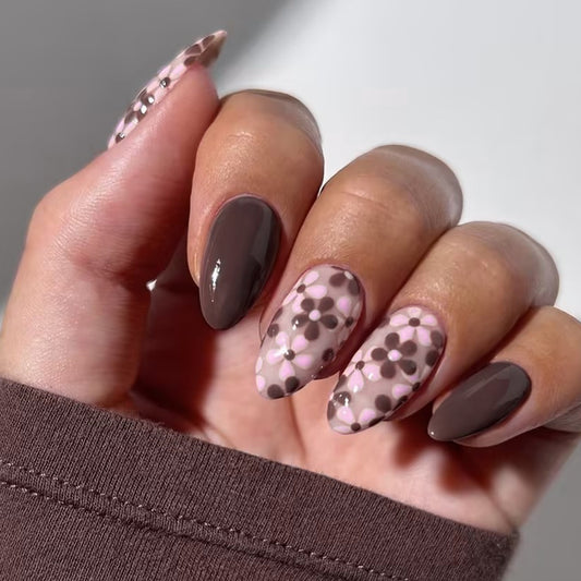 Floral Elegance Short Almond Pink and Brown Press on Nail Set with Unique Floral Design