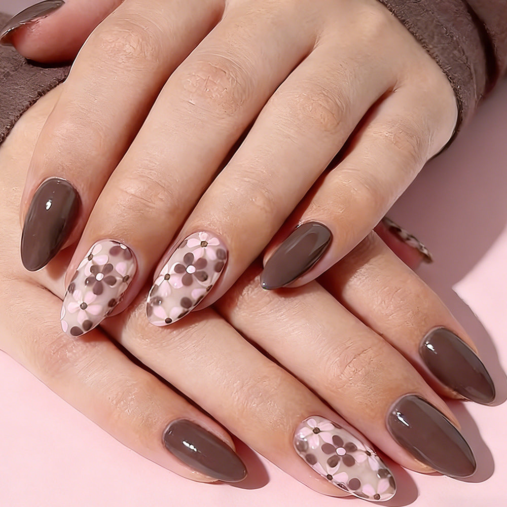 Bohemian Elegance Glossy Long Almond Chocolate and Blush Floral Press on Nail Set