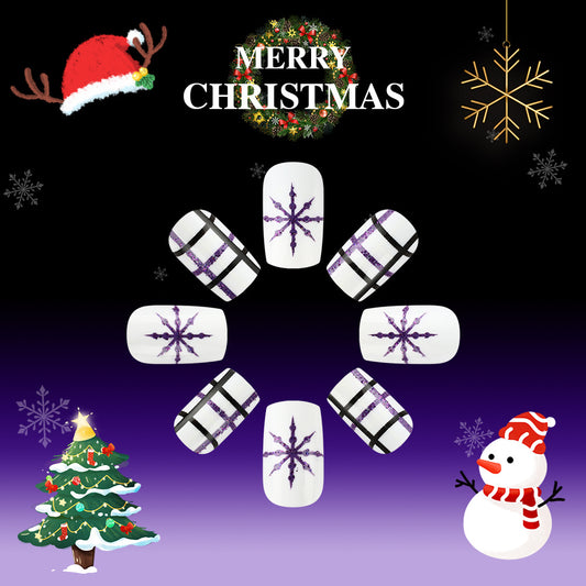 Festive Winter Wonderland Medium Square White and Black Plaid with Purple Snowflake Nail Set
