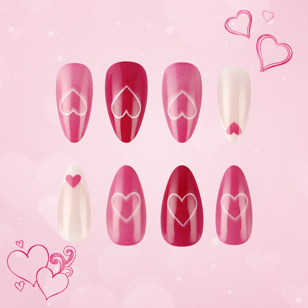 Romantic Hearts Press-On Nail Set Medium Almond Shape Pink and Red Shades with Charming Heart Designs
