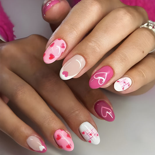 Charming Romance Medium Oval Pink Ombre with Heart Patterns Press on Nail Set