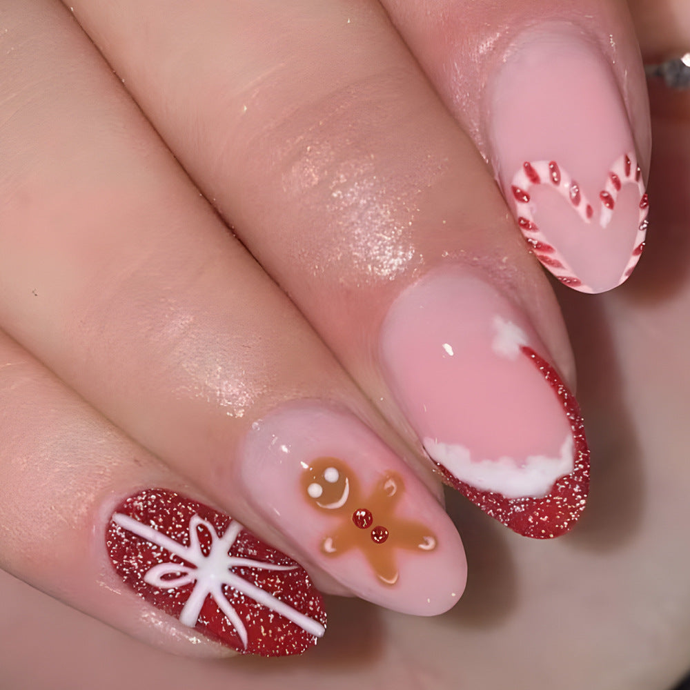 Gingerbread Delight Medium Almond Glittering Red and Pink Press On Nail Set with Whimsical Holiday Designs