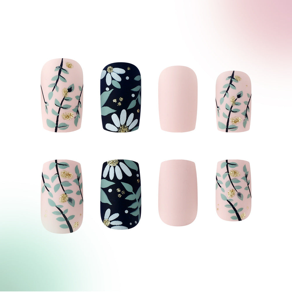 Whimsical Floral Dream Short Square Soft Pink and Deep Navy with Botanical Design and Glitter Accents Press-On Nail Set