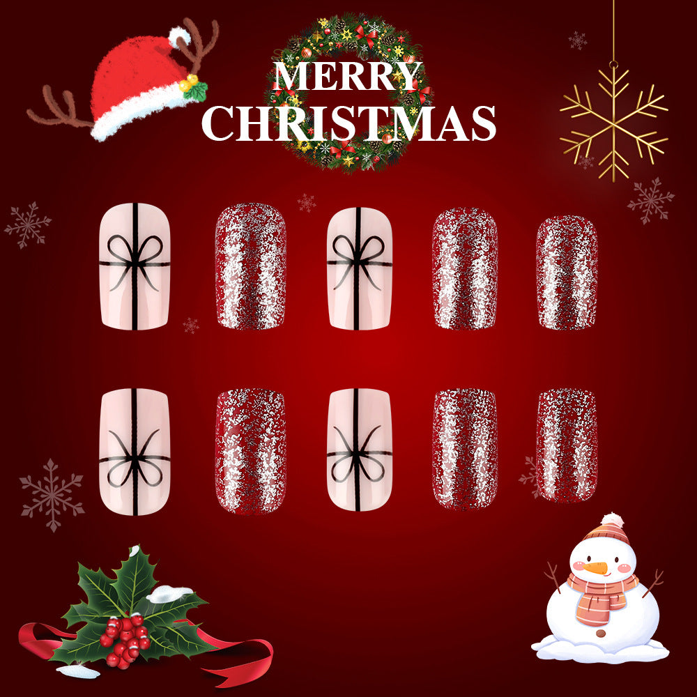 Festive Glamour Medium Square Red and Sparkling with Charming Bow Nail Set