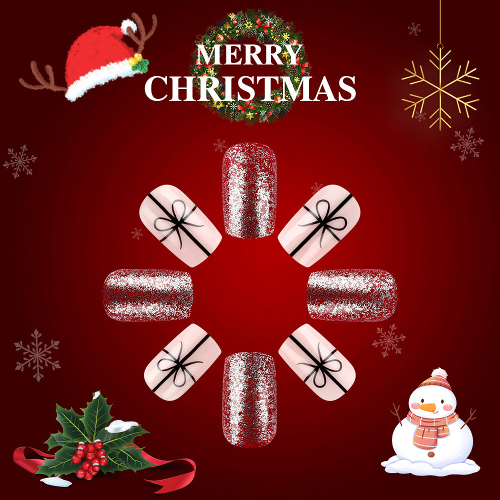 Festive Glamour Medium Square Red with Glitter and Bow Press on Nail Set