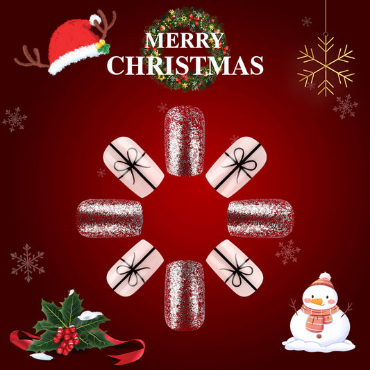 Festive Glamour Medium Square Red with Glitter and Bow Press on Nail Set