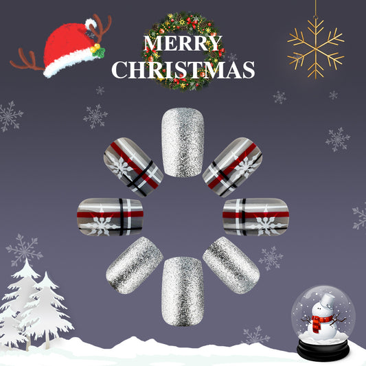 Festive Winter Wonderland Shimmery Silver and Elegant Plaid Medium Square Press On Nail Set with Charming Snowflake Design