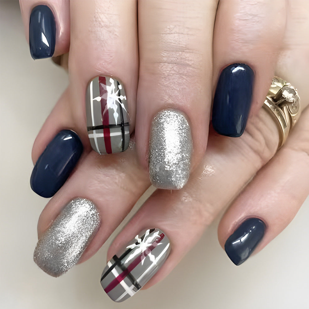 Chic Elegance Long Square Navy and Silver Sparkling Press on Nail Set with Stylish Patterns