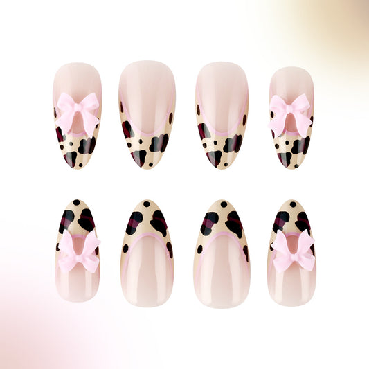 Chic Safari Medium Almond Press-On Nail Set in Soft Pink with Leopard Print and Adorable Bow Design