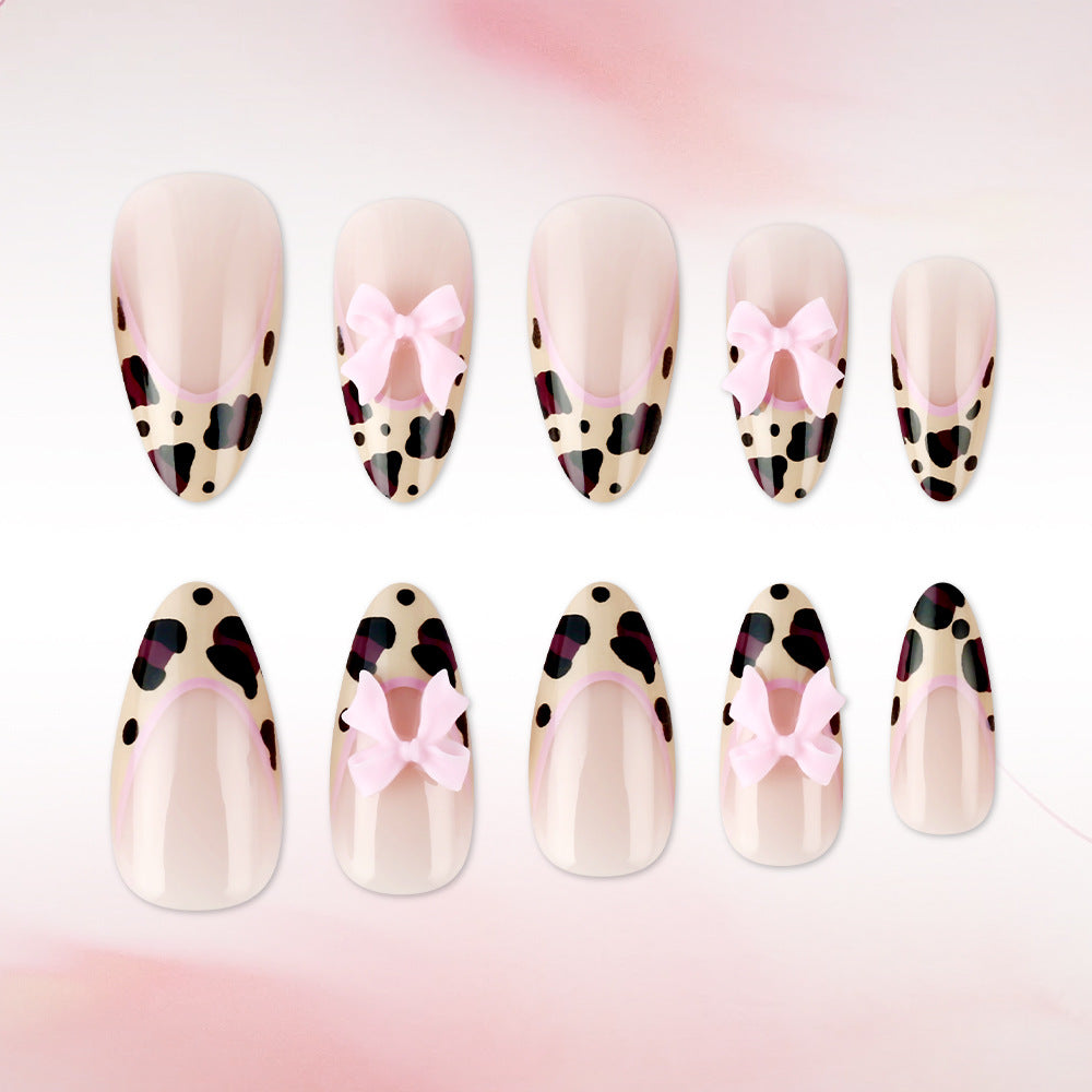 Chic Cheetah Print Medium Almond Blush Bow Press On Nail Set