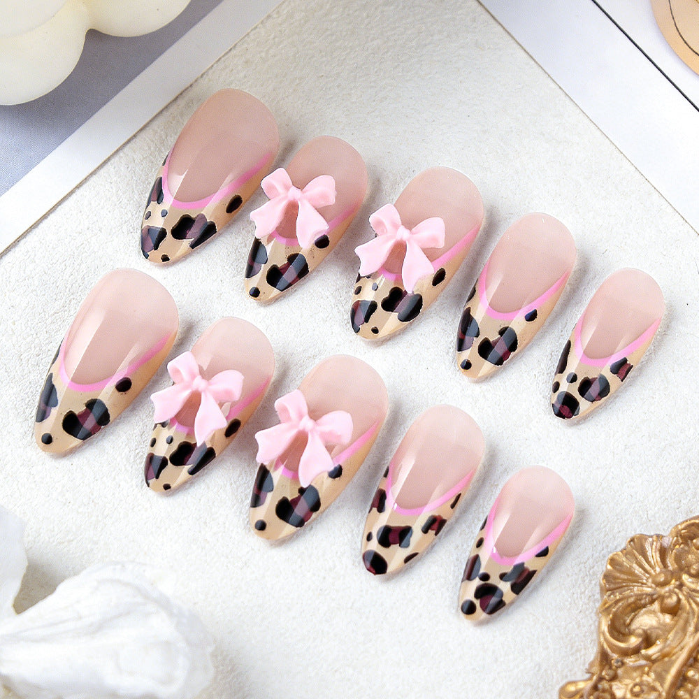 Wild Chic Medium Almond Pink Bow and Leopard Print Press On Nail Set
