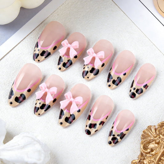 Wild Chic Medium Almond Pink Bow and Leopard Print Press On Nail Set