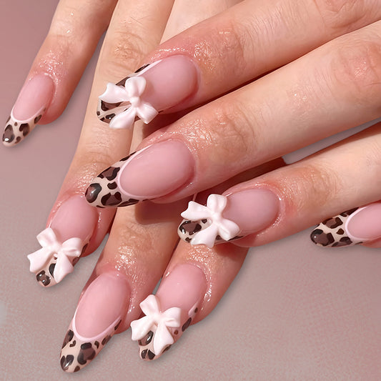 Chic Leopard Glamour Medium Almond Soft Pink Bow Press On Nail Set