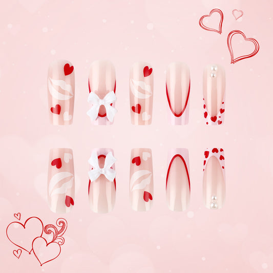 Lovestruck Long Square Pink Heart Design Press On Nail Set with Charming Bow Accents