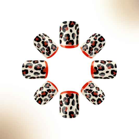 Wild Safari Inspired Short Square Creamy Beige and Bold Red Leopard Print Press On Nail Set