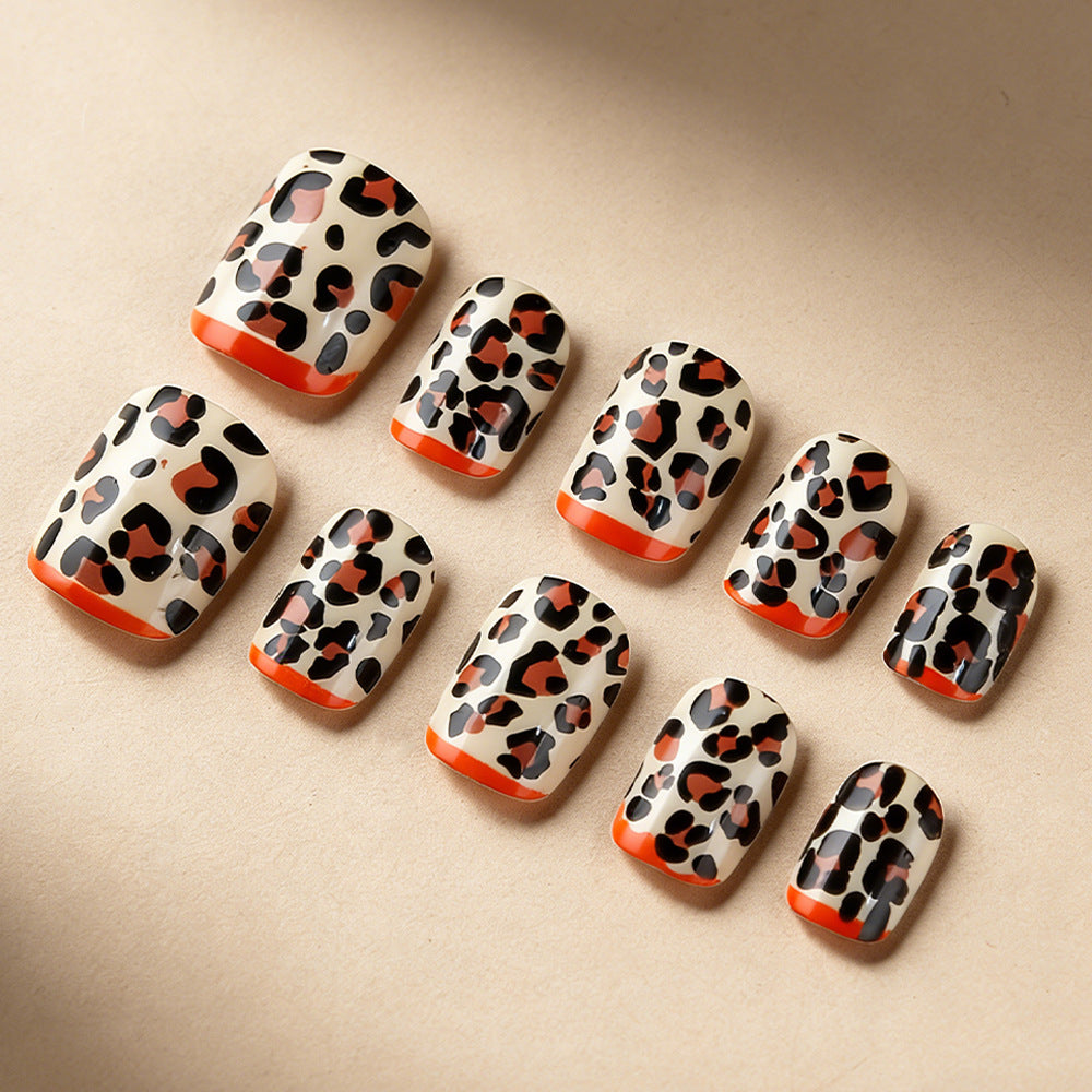 Fierce Animal Print Short Square Beige with Bold Orange Tips Press On Nail Set
