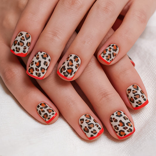Wild Safari Short Square Beige with Leopard Print and Red Tips Press-On Nail Set