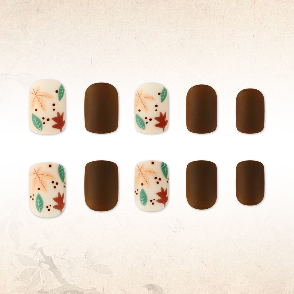 Autumn Bliss Short Square Brown with Leaf Design Press on Nail Set