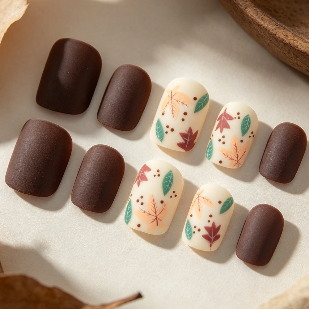 Autumn Elegance Short Square Dark Brown with Matte Finish Press on Nail Set
