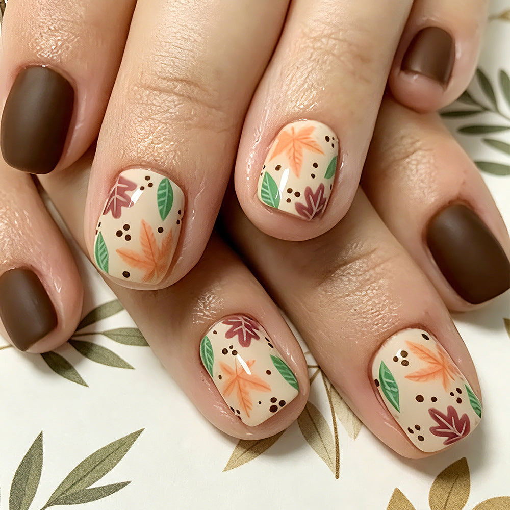 Autumn Vibes Short Square Multicolored Leaf Press on Nail Set