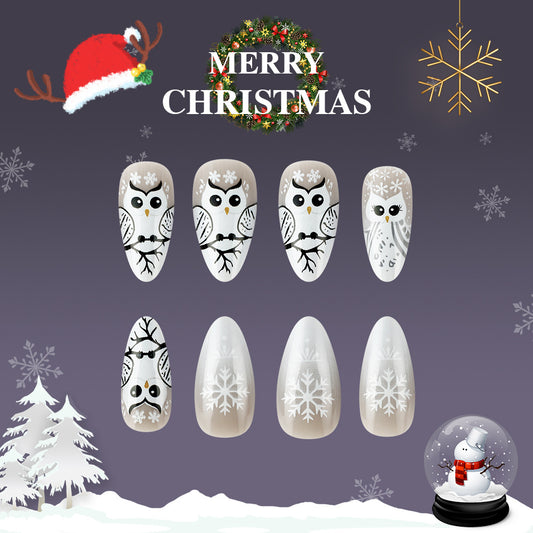 Winter Wonderland Medium Almond White and Black Owl Design Press On Nail Set with Snowflake Accents