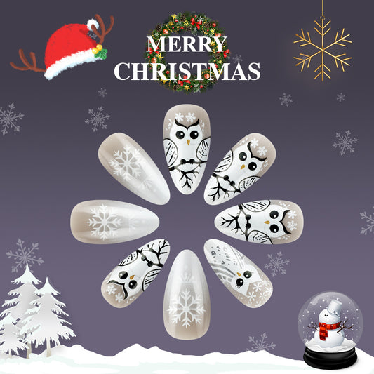Winter Wonderland Elegant Medium Almond White Nail Set with Unique Owl and Snowflake Designs