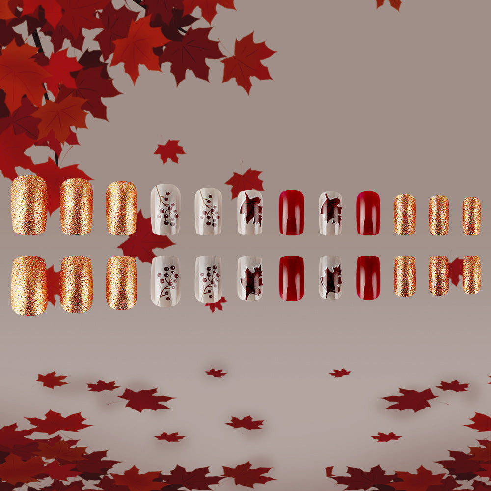 Autumn Bliss Shimmering Gold and Deep Red Medium Square Press-On Nail Set with Leaf Designs