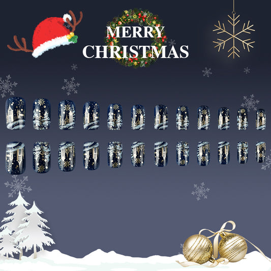 Winter Wonderland Festive Medium Square Midnight Blue Press On Nail Set with Sparkling Snowflake Design