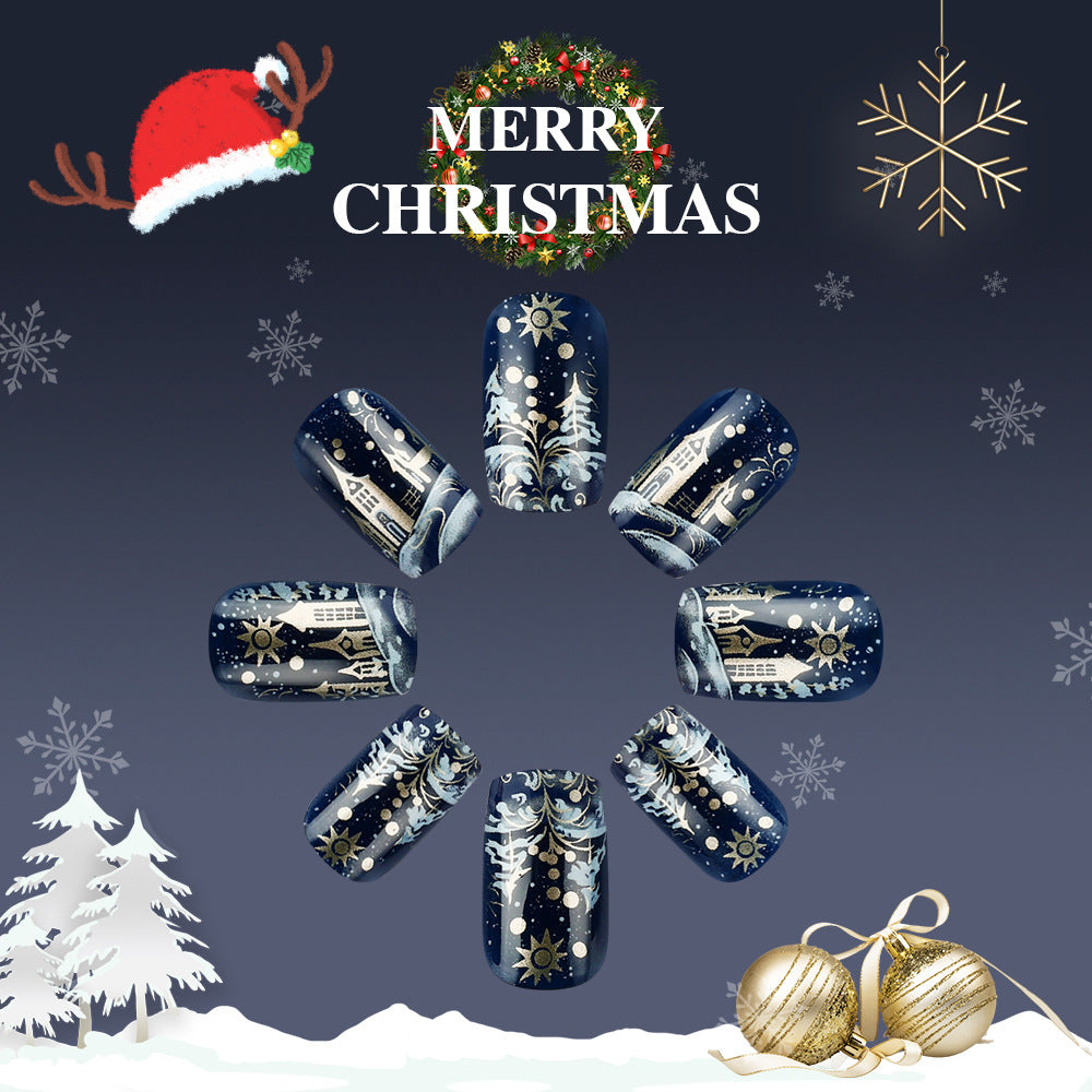 Festive Winter Wonderland Medium Square Navy Press On Nail Set with Snowy Scenery Design