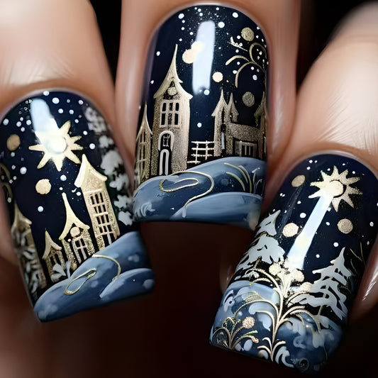 Enchanted Winter Night Medium Square Deep Blue with Golden Winter Scene Press On Nail Set