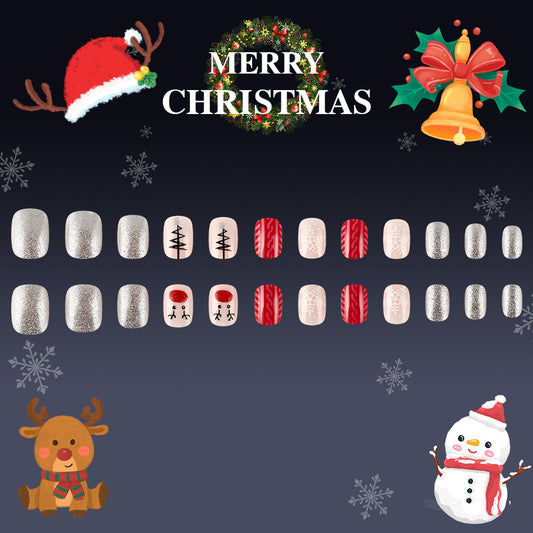 Festive Winter Wonderland Shimmering Silver Short Square Press on Nail Set with Charming Holiday Designs