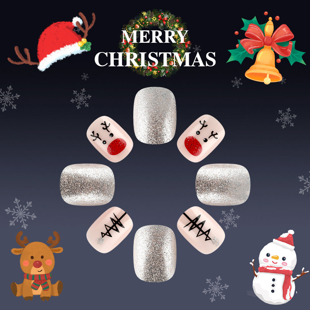 Festive Holiday Magic Short Square Silver Glitter Press-On Nail Set with Charming Christmas Designs