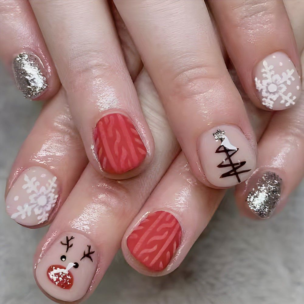 Festive Winter Wonderland Short Squoval Red and Glittery with Whimsical Holiday Designs Press On Nail Set
