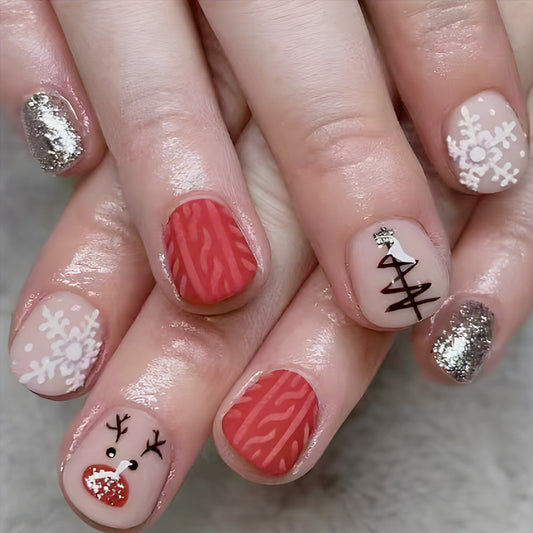 Festive Winter Wonderland Short Squoval Red and Glittery with Whimsical Holiday Designs Press On Nail Set