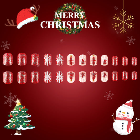 Festive Holiday Glamour Short Square Red Sparkle Press On Nail Set with Whimsical Christmas Designs