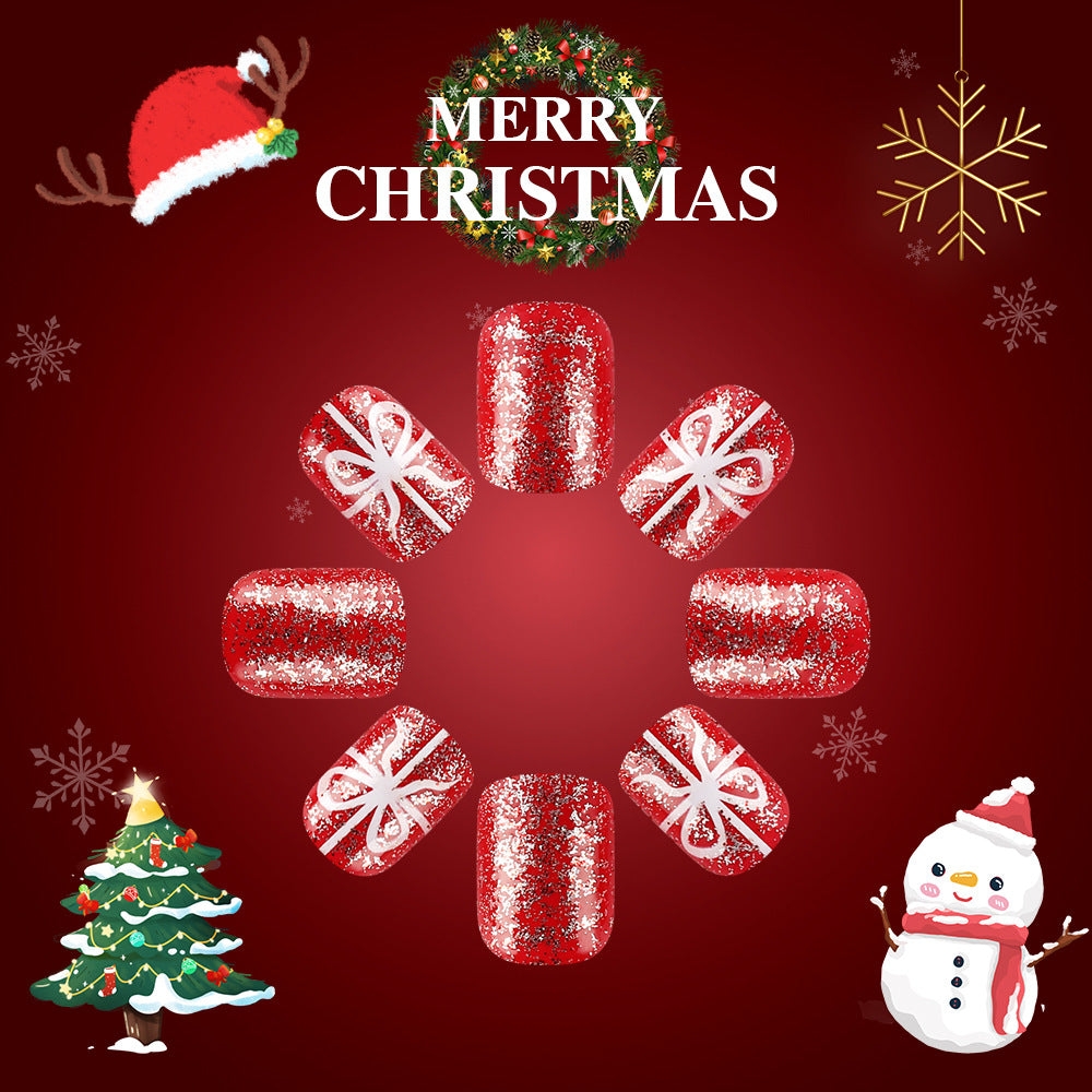 Festive Cheer Short Square Red Glitter Tips with Elegant Bow Design Nail Set