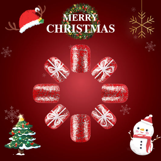 Festive Cheer Short Square Red Glitter Tips with Elegant Bow Design Nail Set