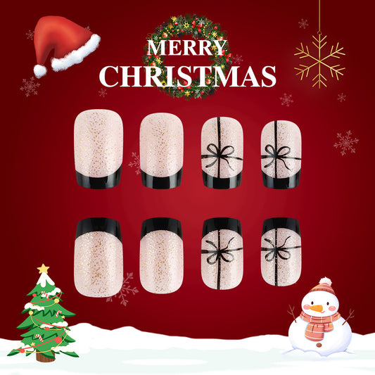 Christmas Glamour Elegant Short Square Shaped Sparkling Beige Nails with Stylish Black Bow Accents