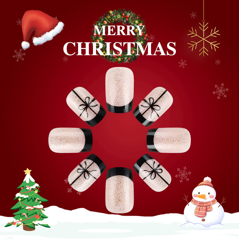 Festive Glamour Short Square Shimmering White Press On Nail Set with Elegant Ribbon Design