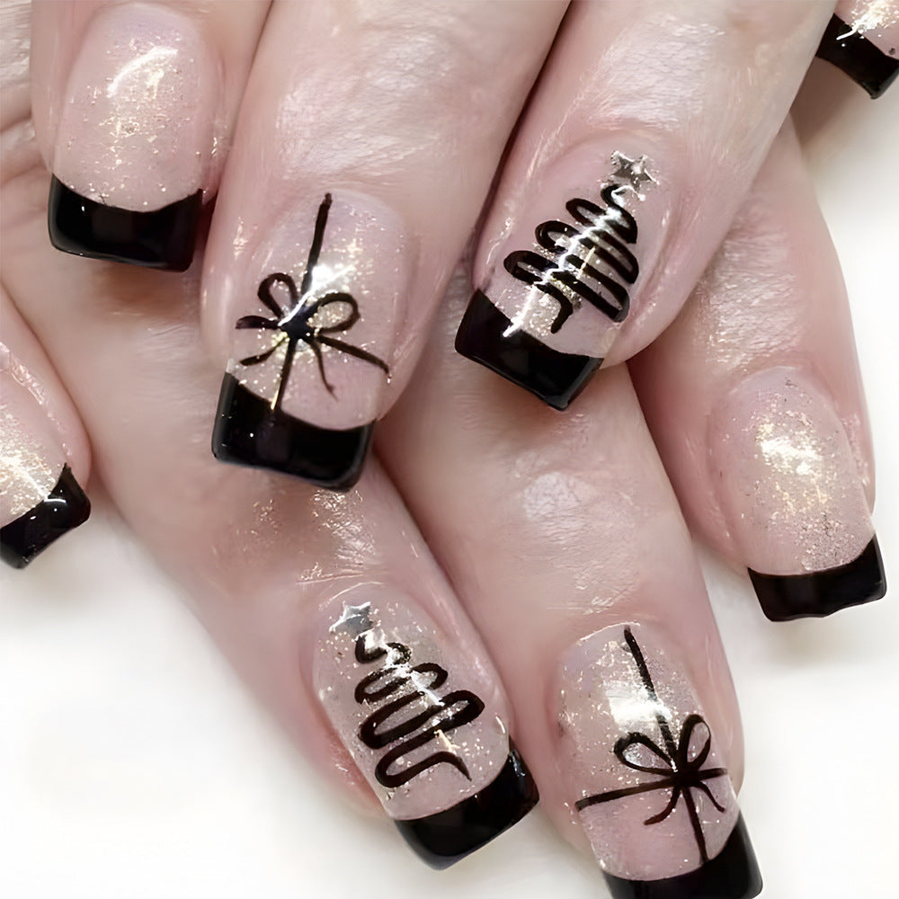 Elegant Gift Inspired Medium Square Black and Glittery Beige Press-On Nail Set with Charming Bow and Ribbon Designs